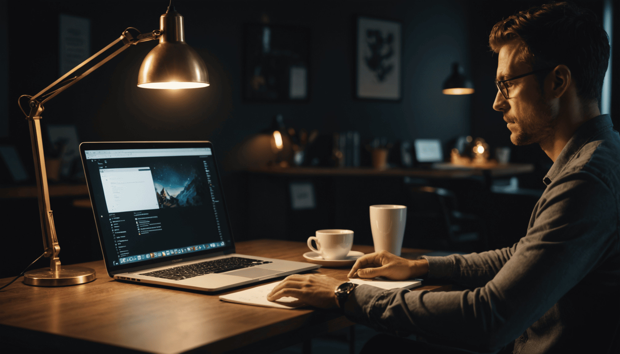 Affiliate marketer researching niches at a professional workspace