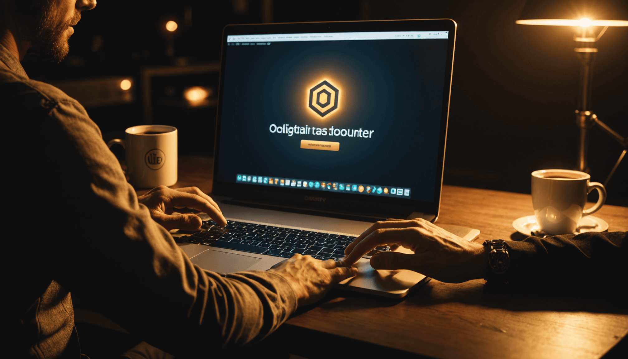 Beginner affiliate marketer starting their journey at a golden-lit workspace